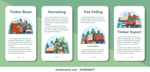 Timber industry and wood production mobile application banner set. Logging and woodworking process. Forestry production. Global industry classification standard. Isolated flat vector illustration