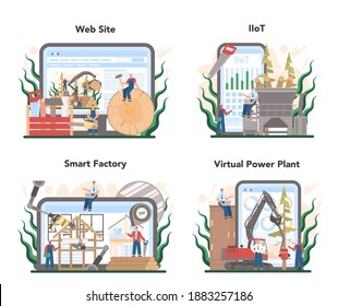Timber industry and wood production online service or platform set. Logging and woodworking process. Forestry production. Website, IIoT, smart factory, virtual power plant. Flat vector illustration