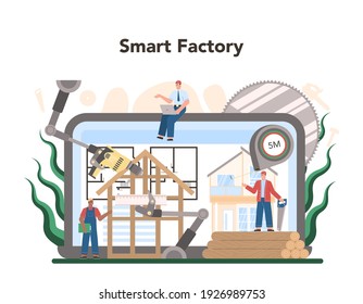 Timber industry and wood production online service or platform. Logging and woodworking process. Forestry production. Smart factory. Flat vector illustration