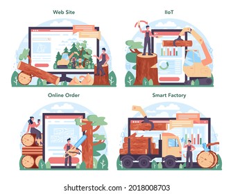Timber industry and wood production online service or platform set. Logging and woodworking process. Global industry classification. Online IIoT, smart factory, order, website. Vector illustration