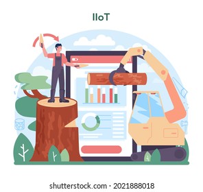 Timber industry and wood production online service or platform. Logging and woodworking process. Global industry classification. Online IIoT Vector illustration