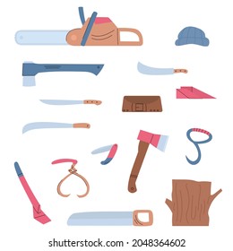 Timber and lumber industry tools set. Lumberjack equipment and instrument icons collection, flat cartoon vector illustration isolated on white background.