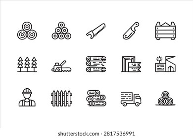 Timber and Lumber Outline Icon Collection with Chainsaw Symbols
