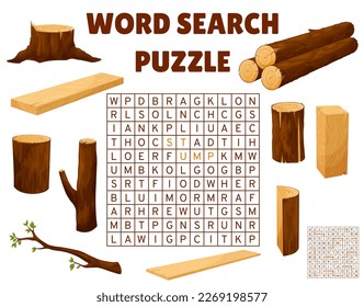 Timber and lumber, word search puzzle game worksheet. Vector crossword kids quiz grid, brainteaser task for children with trunk, lumber and log, stump, firewood, bar and timber. Branch, twig or plank