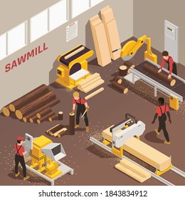 Timber machinery and lumberjacks working at sawmill 3d isometric vector illustration