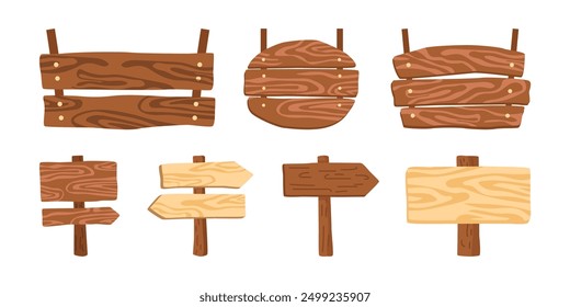 Tablones de madera o tableros de madera con espacio vacío para texto o anuncio. Vector aislado pieza de madera para la copia, cintas o signos, símbolos para la carretera. Elemento de decoración rústica o vintage
