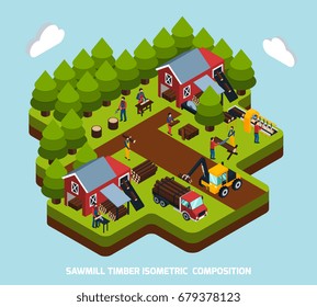 Timber production isometric composition with special equipment and machines symbols vector illustration