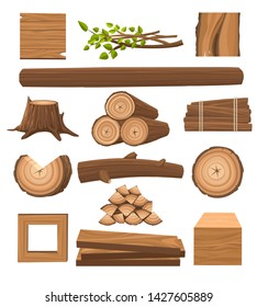 Timber set. Stacked timbers and firewood logs, forest trees objects and wood lumber production cartoon vector illustration