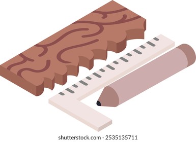 Laje de madeira, Escala angular direita e marcador Lápis conceito isométrico, design de ícone de cor vetorial, símbolo de serviços de manutenção de reparo, Sinal de remodelação de casa, Ilustração de construção e edifício