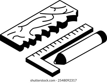 Timber Slab, Right Angled Scale and Marker Pencil concept outline isometric vector, Handyman Services symbol, House Repairing sign, Civil Engineering Building Contractor illustration