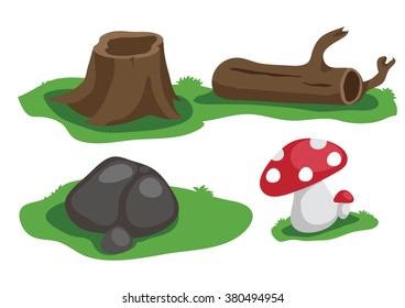 Timber, stump, stone and mushroom vector