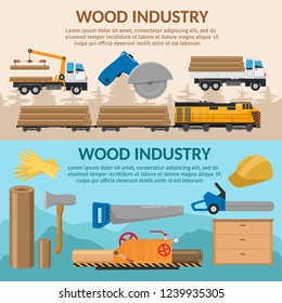Timber train transportation Sawmill woodcutter lumber or hardwood background flat elements horizontal banner