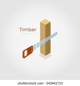 Timber vector illustration in isometric style. Hacksaw cutting timber from wood material. Isolated on white background, stylish flat colors.
