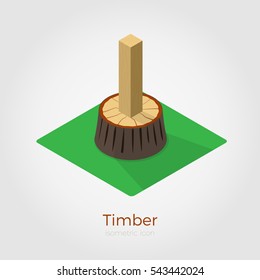 Timber vector illustration in isometric style. Cut timber from stump in wood. Isolated on white background, stylish flat colors.