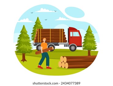 Timber Vector Illustration with Man Chopping Wood and Tree with Lumberjack Work Equipment Machinery or Chainsaw at Forest in Flat Cartoon Background