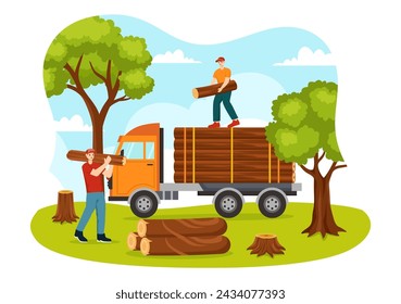 Timber Vector Illustration with Man Chopping Wood and Tree with Lumberjack Work Equipment Machinery or Chainsaw at Forest in Flat Cartoon Background