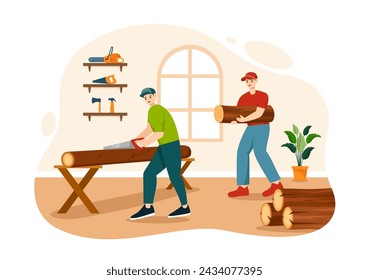 Timber Vector Illustration with Man Chopping Wood and Tree with Lumberjack Work Equipment Machinery or Chainsaw at Forest in Flat Cartoon Background