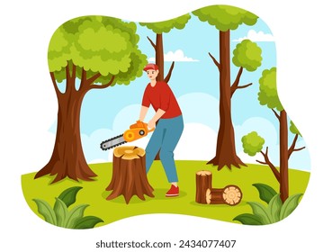 Timber Vector Illustration with Man Chopping Wood and Tree with Lumberjack Work Equipment Machinery or Chainsaw at Forest in Flat Cartoon Background