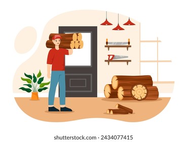 Timber Vector Illustration with Man Chopping Wood and Tree with Lumberjack Work Equipment Machinery or Chainsaw at Forest in Flat Cartoon Background