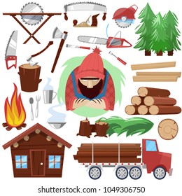 Timber vector lumberman character and logger saws lumber or hardwood set of wooden timbered materials in sawmill and lumberjack isolated on white background