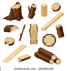 Timber vector set with wood logs, chopped tree trunks, stump with bark and firewood pile, lumber cuts of plank, board and beam, log slices and branch sticks. Cartoon woodwork, timbering and carpentry