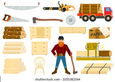 Timber vector woodcutter character or logger saws lumber or hardwood set of wooden timbered materials in sawmill isolated on white background