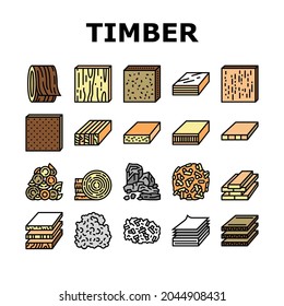 Timber Wood Industrial Production Icons Set Vector. Fiber Board And Round Wooden Desk, Pellets And Plywood Timber Line. Charcoal And Paper List Sheet Industry Production Color Illustrations