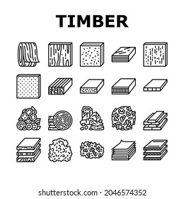 Timber Wood Industrial Production Icons Set Vector. Fiber Board And Round Wooden Desk, Pellets And Plywood Timber Line. Charcoal And Paper List Sheet Industry Production Black Contour Illustrations
