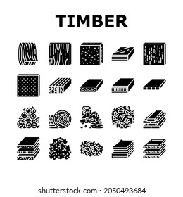 Timber Wood Industrial Production Icons Set Vector. Fiber Board And Round Wooden Desk, Pellets And Plywood Timber. Charcoal Paper List Sheet Industry Production Glyph Pictograms Black Illustrations