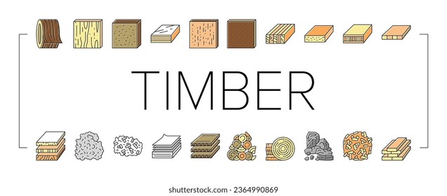 Timber Wood Industrial Production Icons Set Vector. Fiber Board And Round Wooden Desk, Pellets And Plywood Timber Line. Charcoal And Paper List Sheet Industry Production Color Illustrations