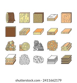 Timber Wood Industrial Production Icons Set Vector. Fiber Board And Round Wooden Desk, Pellets And Plywood Timber Line. Charcoal And Paper List Sheet Industry Production Color Illustrations