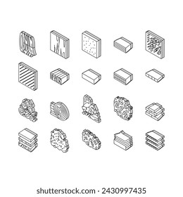 Timber Wood Industrial Production isometric icons set. Fiber Board And Round Wooden Desk, Pellets And Plywood Timber Line. Charcoal And Paper List Sheet Industry Production Color .