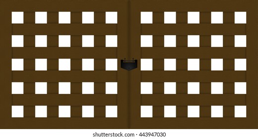 Timber wood prison door japan and iron lock vintage style isolated on white background