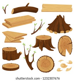 Timber wood trunk. Stacked firewood, logging tree trunks and pile of wood log, cracked oak or pine lumber. Woodcutter wood forest material cartoon isolated vector icons set