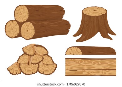 Timber wood trunk. Stacked firewood, logging tree trunks and pile of wood log, cracked oak or pine lumber. Wooden firewood logs. Hardwoods construction materials vector isolated set