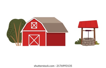 Timbered Red Barn Or Granary For Crop Storage And Well With Pure Water Vector Illustration Set