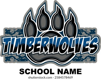 timberwolves team name with paw print for school, college or league sports