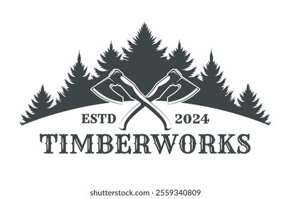 Timberworks emblem. Crossed axes against pine wood isolated monochrome vector illustration