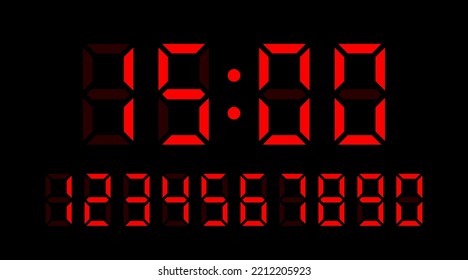 Time 15 00 hours. Vector set of electronic digits numbers font from a clock and a countdown timer. Red watch and calculator display symbols