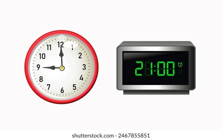 Hora 21:00. Relojes mecánicos y electrónicos. Marcas. Ilustración vectorial