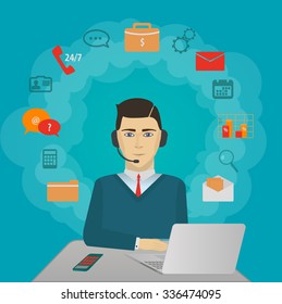Time 24 customer support center operator. Vector