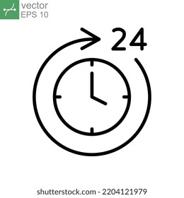 Time 24 Hours Icon. Twenty Hour Full Open Service Operation. Free Dial All Day. Online Support. Clock, Deadline Symbol. Passage Of Time. Line Vector Illustration. Design On White Background. EPS10