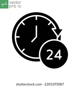 Time 24 Hours Icon. Twenty Hour Full Open Service Operation. Free Dial All Day. Online Support. Clock Symbol. Passage Of Time. Solid, Silhouette. Vector Illustration. Design On White Background. EPS10