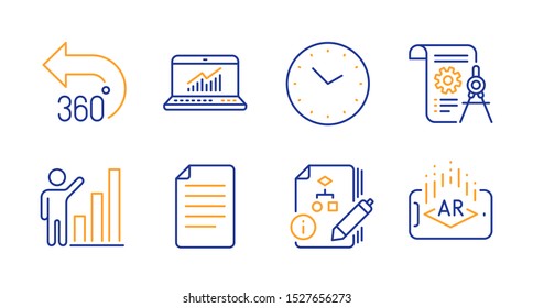 Time, 360 degrees and Divider document line icons set. Algorithm, File and Online statistics signs. Graph chart, Augmented reality symbols. Clock, Full rotation. Science set. Line time icon. Vector