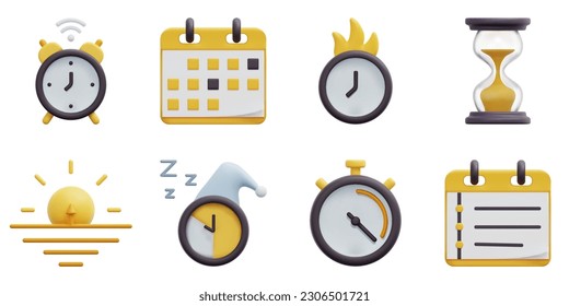 Time 3d vector icon set. Alarm clock, calendar, deadline, hourglass, morning, sleep, stopwatch, timeline. Isolated on white background. 3d icon vector render illustration.