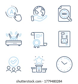 Time, Ab testing and Coffee vending line icons set. Diploma certificate, save planet, group of people. Winner podium, Seo file and Wifi signs. Clock, A test, Coffee vending machine. Vector