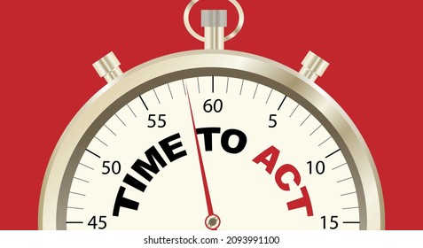 Time to act, concept clock with a secujlmer and a red arrow. Red background. Copy space. Vector illustration