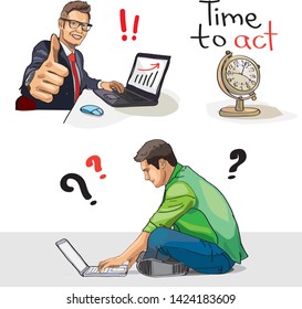 Time to act. Illustration. Vector. Men in the office.
