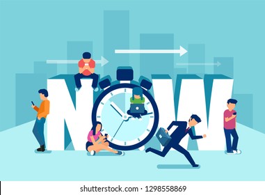 Time to act NOW concept. Vector of a busy running businessman and laidback young generation playing in modern gadgets 