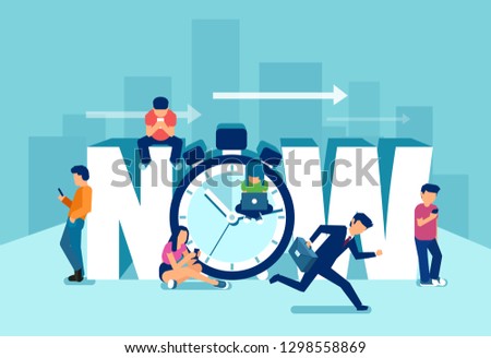 Time to act NOW concept. Vector of a busy running businessman and laidback young generation playing in modern gadgets 